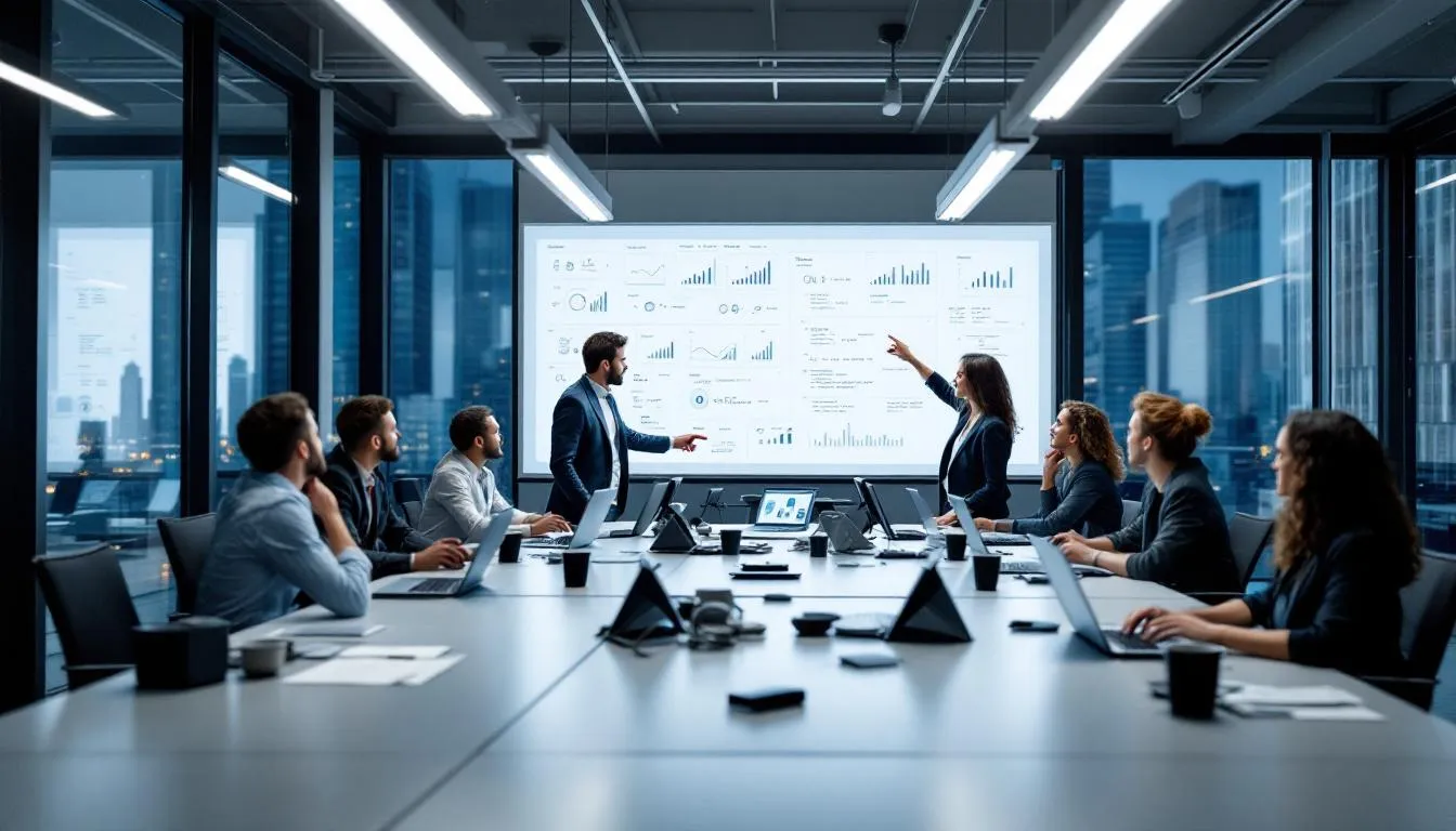 A diverse team of data analysts collaborates at a modern workspace, analyzing data and leveraging advanced analytics tools to derive insights for various analytics projects. They focus on data quality and business intelligence, utilizing cloud-based analytics services to drive data-driven decisions for their organization.