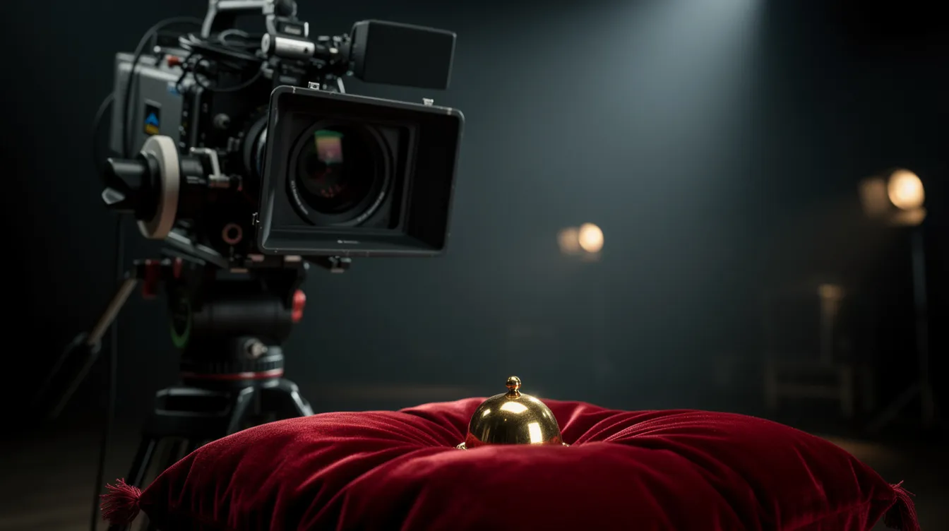 Die Nahaufnahme zeigt eine Filmkamera, die auf ein glänzendes goldenes Objekt, möglicherweise einen Aktenkoffer als MacGuffin, auf einem Samtkissen gerichtet ist. Im Hintergrund des dunklen Filmstudios sorgt die dramatische Beleuchtung für eine spannungsgeladene Atmosphäre, die an die Meisterwerke von Regisseuren wie Alfred Hitchcock oder Quentin Tarantino erinnert.
