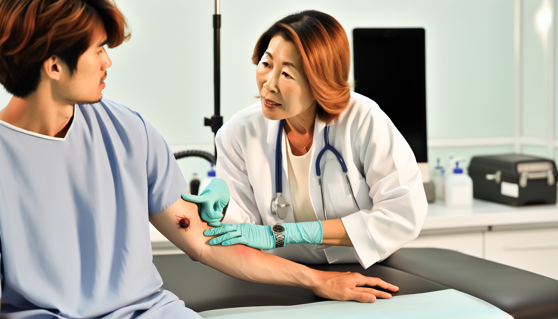 Doctor examining spider bite on patient's arm