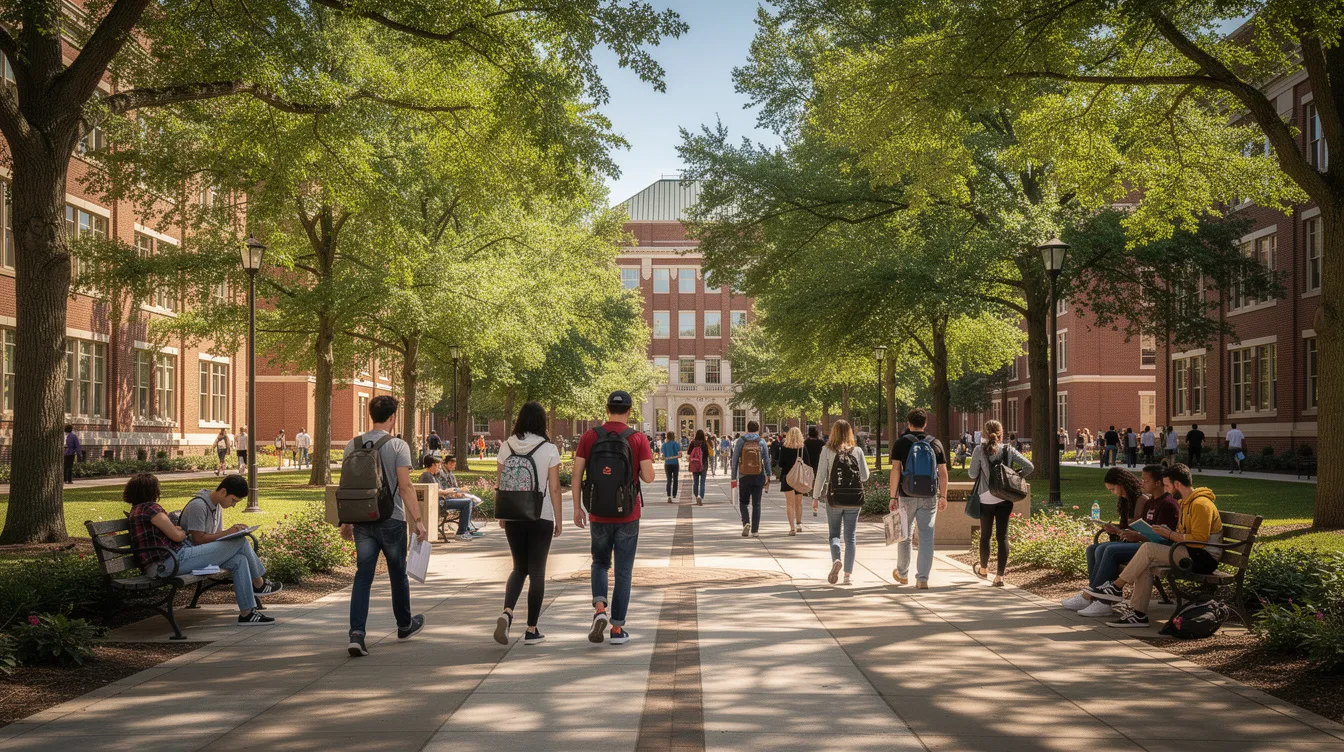 A university campus walkway is bustling with students carrying backpacks, surrounded by lush green trees and charming brick buildings. This scene reflects a vibrant educational environment, ideal for local businesses looking to enhance their online visibility through effective SEO strategies.