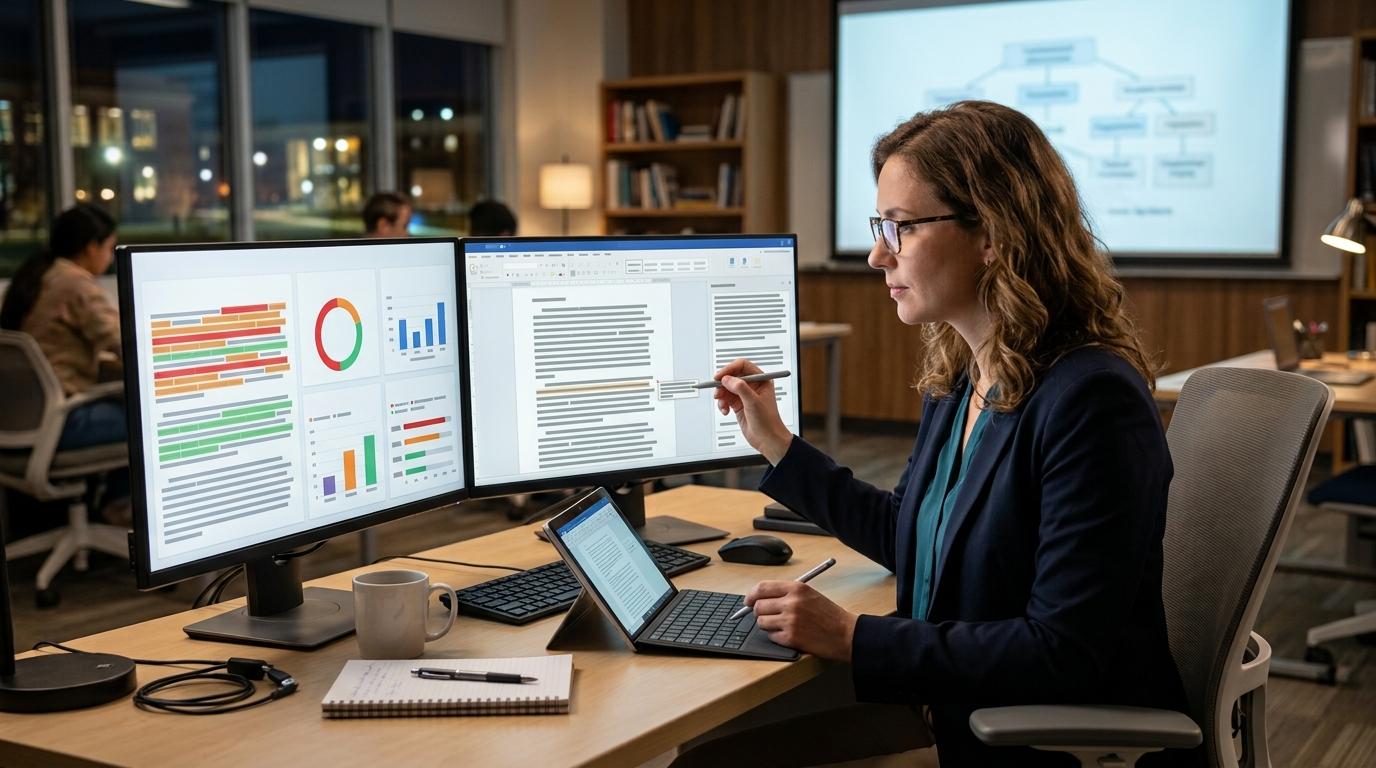 Modern university educator using one AI system to provide detailed assignment feedback while another verifies originality and detects AI-generated content.