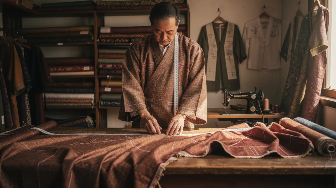 A tailor is carefully measuring a length of traditional Japanese fabric, likely for creating a yukata or kimono, which may include adjustments for size and fit. The scene highlights the meticulous process involved in ensuring the robe will be suitable for the wearer, considering aspects such as width, length, and comfort.