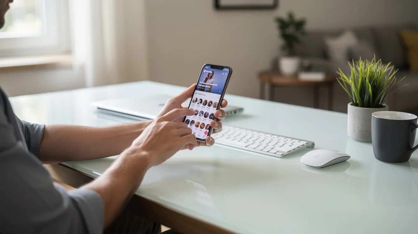 A person is sitting at a modern desk, scrolling through various social media apps on their smartphone, possibly looking for new content or updates from their favorite telegram channels and groups. The scene reflects a casual yet engaged atmosphere, highlighting the importance of staying connected with active members of their online community.