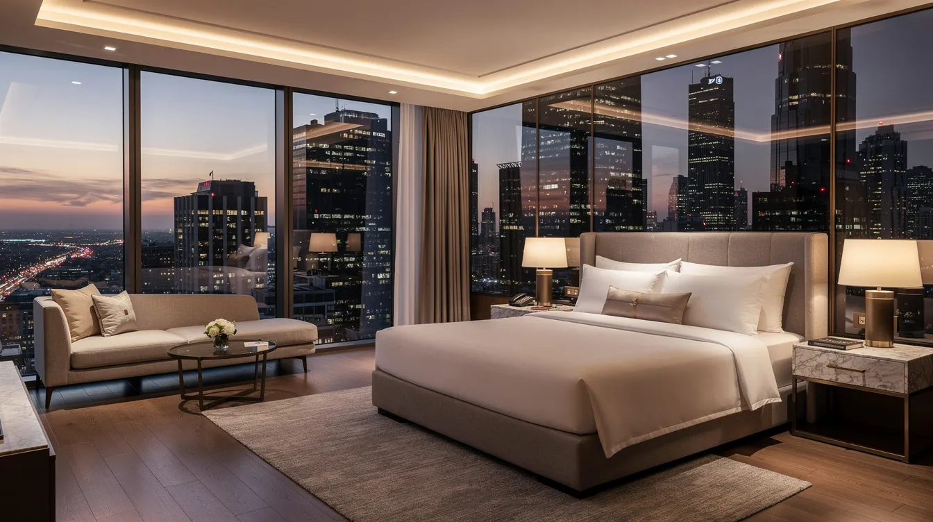 The image showcases an elegant luxury hotel suite featuring floor-to-ceiling windows that offer a stunning view of a vibrant city skyline. This sophisticated space exemplifies the hospitality industry's commitment to guest satisfaction, with plush furnishings and a design that enhances the overall guest experience, aligning with effective hotel revenue management strategies.