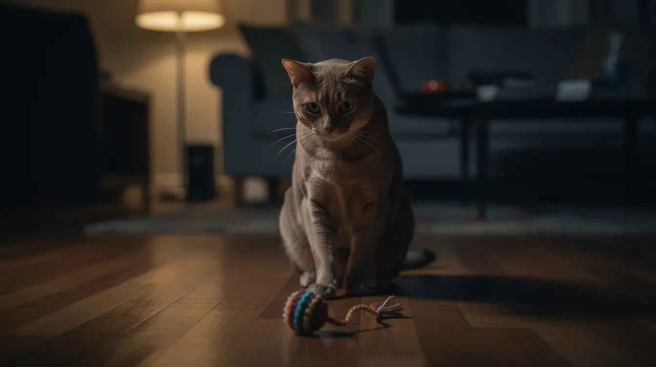 A cat sits alert in a dimly lit living room at night, fixated on a colorful toy mouse resting on the hardwood floor, showcasing its hunting instincts. The serene atmosphere suggests a moment of quiet playtime for the feline friend, highlighting the importance of engaging cat toys for indoor cats.