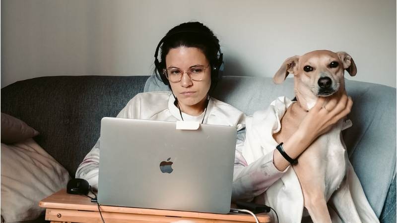 TranscribeMe Reviews: Can You Get Paid to Type? 7 woman in white long sleeve shirt sitting on gray couch with macbook and a dog