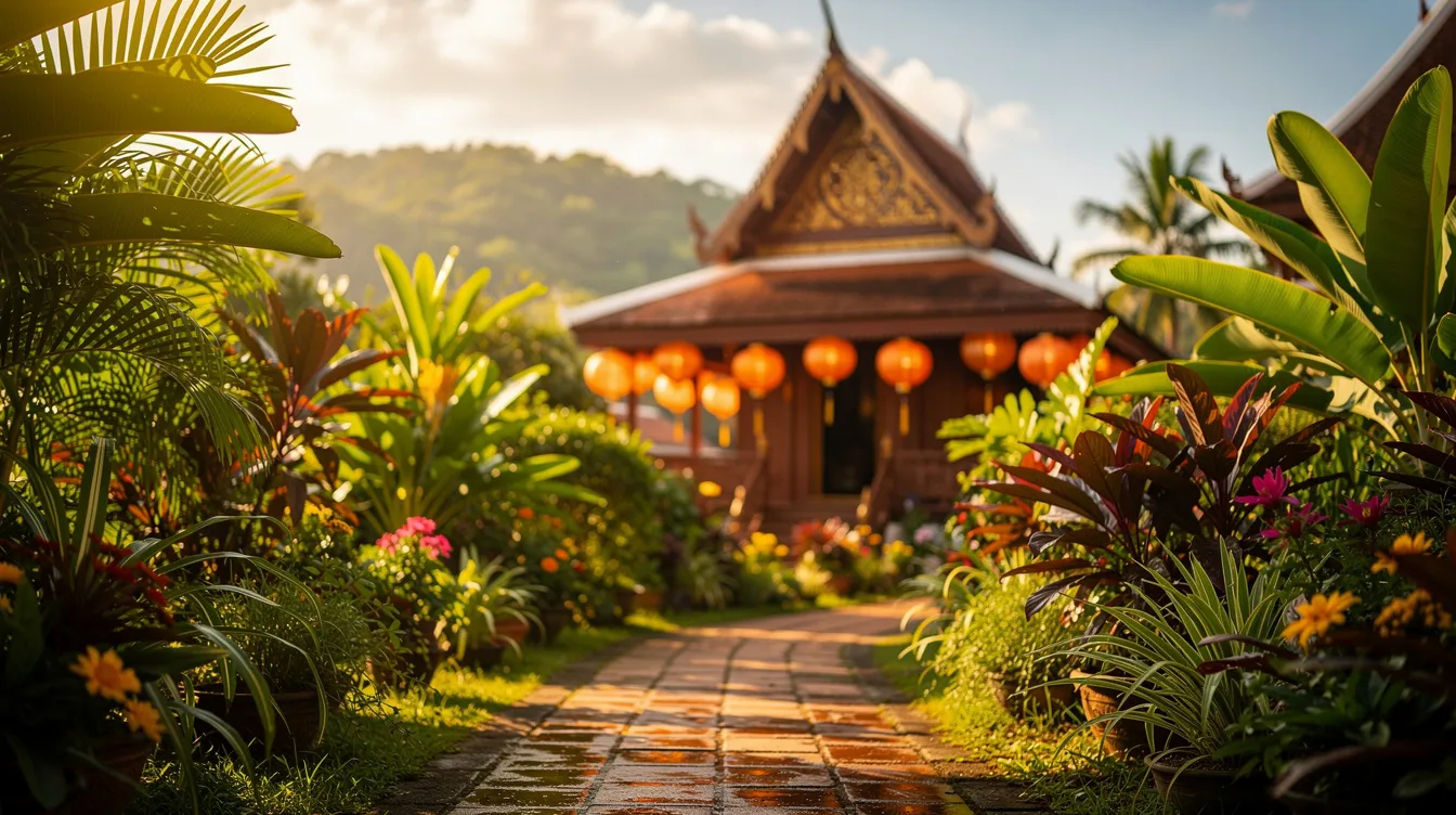 A imagem retrata uma vista deslumbrante de Chiang Mai durante o verão, com suas montanhas verdes ao fundo e templos budistas como o Wat Phra Kaew em destaque. O cenário vibrante é ideal para turistas que buscam explorar a rica cultura e tradição da Tailândia.
