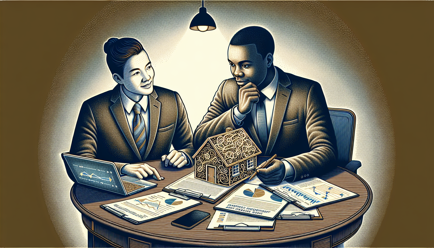 Illustration of a mortgage broker guiding a client through the initial consultation and documentation process