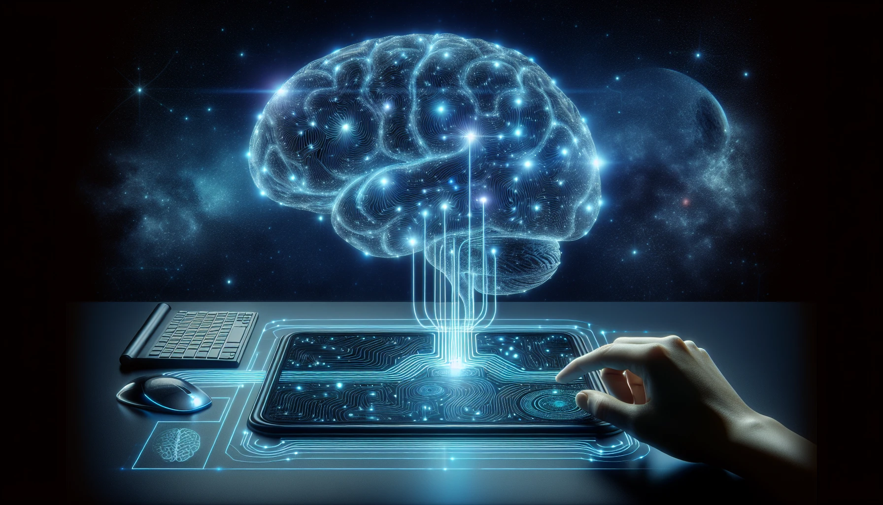 Illustration of a futuristic brain-computer interface for telepathy
