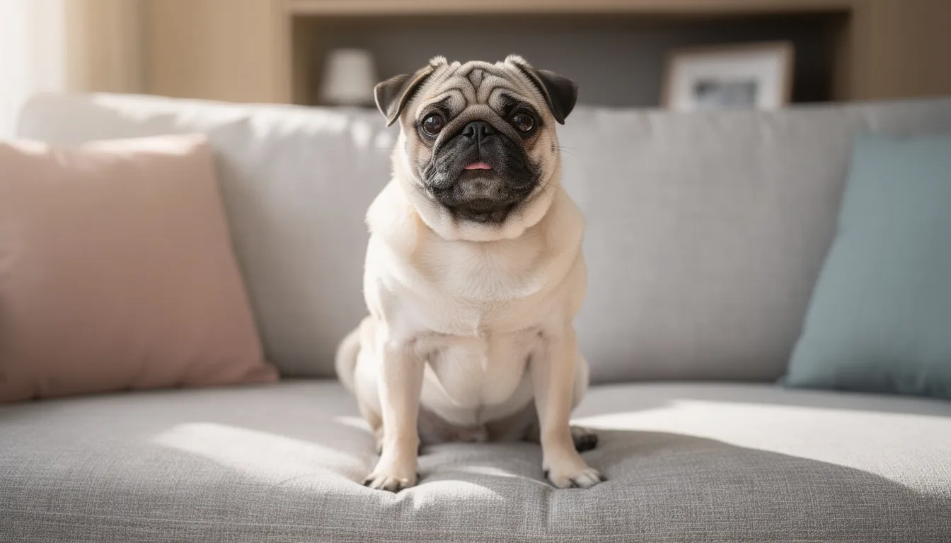 Na zdjęciu widoczny jest mops siedzący na kanapie, z lekko otwartą buzią. Pies tej rasy, ze względu na swoją budowę ciała, może być podatny na choroby układu oddechowego, w tym astmę oskrzelową, co może powodować objawy takie jak duszność czy kaszel.