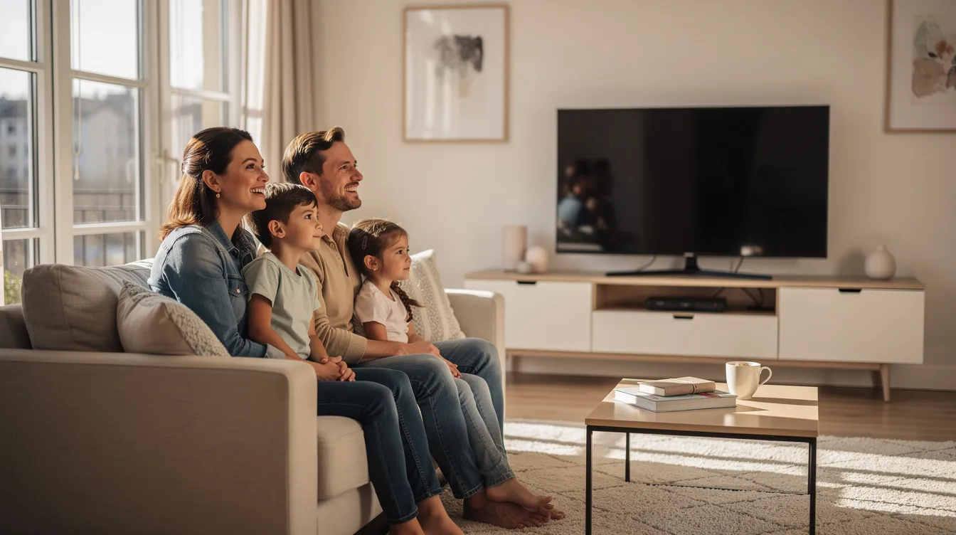 A family is comfortably sitting together on a couch in a bright, modern living room, enjoying live TV channels on a smart TV. The scene captures a cozy atmosphere, highlighting the connection between family members as they engage with their IPTV service.