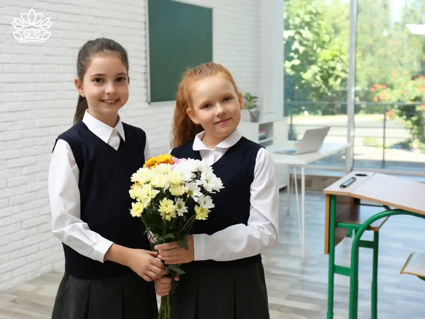 Two young schoolgirls in uniform, smiling and holding a bouquet of fresh flowers, ready to present to their teacher. Teachers & Educators Flowers. Delivered with Heart. Fabulous Flowers and Gifts