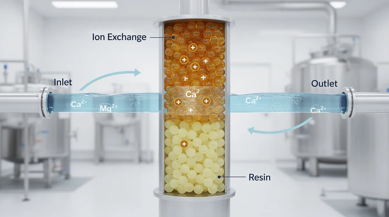 The image illustrates the ion exchange process in water treatment, showcasing resin beads designed to exchange positively charged ions, such as calcium and sodium, with negatively charged ions in aqueous solutions. This method effectively softens water and enhances its quality for drinking and other uses.