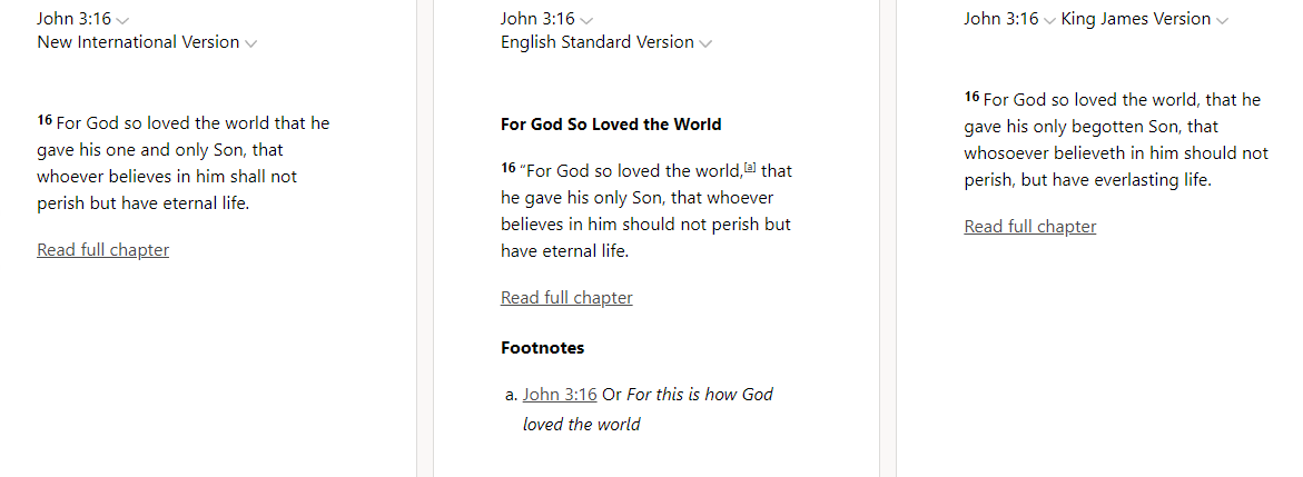 Comparing Bible Versions, John 3:16, New International Version, English Standard Version, King James Version