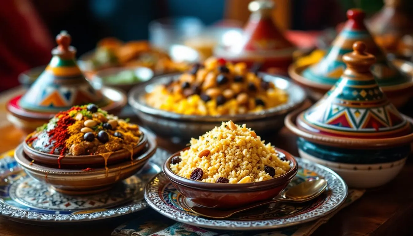 A vibrant display of traditional Moroccan tagines and couscous dishes is arranged on ornate serving platters, showcasing the rich colors and textures of Moroccan cuisine. This image captures the essence of Moroccan culture, perfect for those interested in exploring the culinary delights during their Morocco tours.