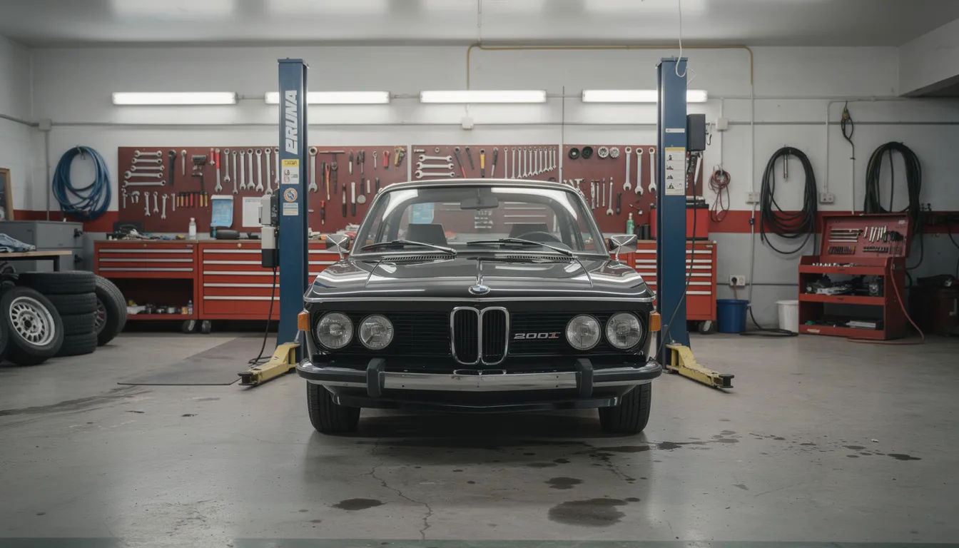 A classic BMW 2002 is prominently displayed in a bright automotive repair shop, equipped with a lift and various tools, showcasing the quality and expertise of the auto mechanics who specialize in BMW service and maintenance. The scene reflects a dedicated environment for vehicle repair and restoration, ideal for car enthusiasts and owners seeking routine service for their cherished models.
