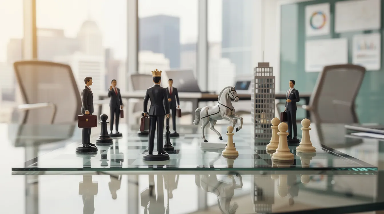 La imagen muestra un tablero de ajedrez con piezas de estilo corporativo situadas en un entorno de oficina moderno, lo que representa las decisiones estratégicas de posicionamiento de marca. Esta metáfora visual pone de relieve la importancia de un posicionamiento de marca eficaz y las ventajas competitivas que se pueden obtener mediante una estrategia de marca bien definida.