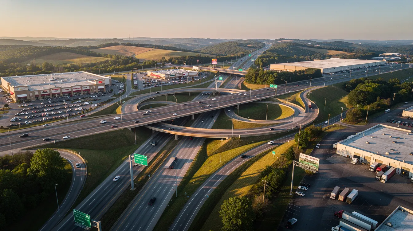 An aerial view of a busy highway interchange in Tennessee is depicted, surrounded by various commercial and industrial developments, showcasing the growth and productivity of the local construction industry. This image highlights the essential role of skilled construction workers and merit shop contractors in building successful projects that support the community and create valuable resources for future generations.