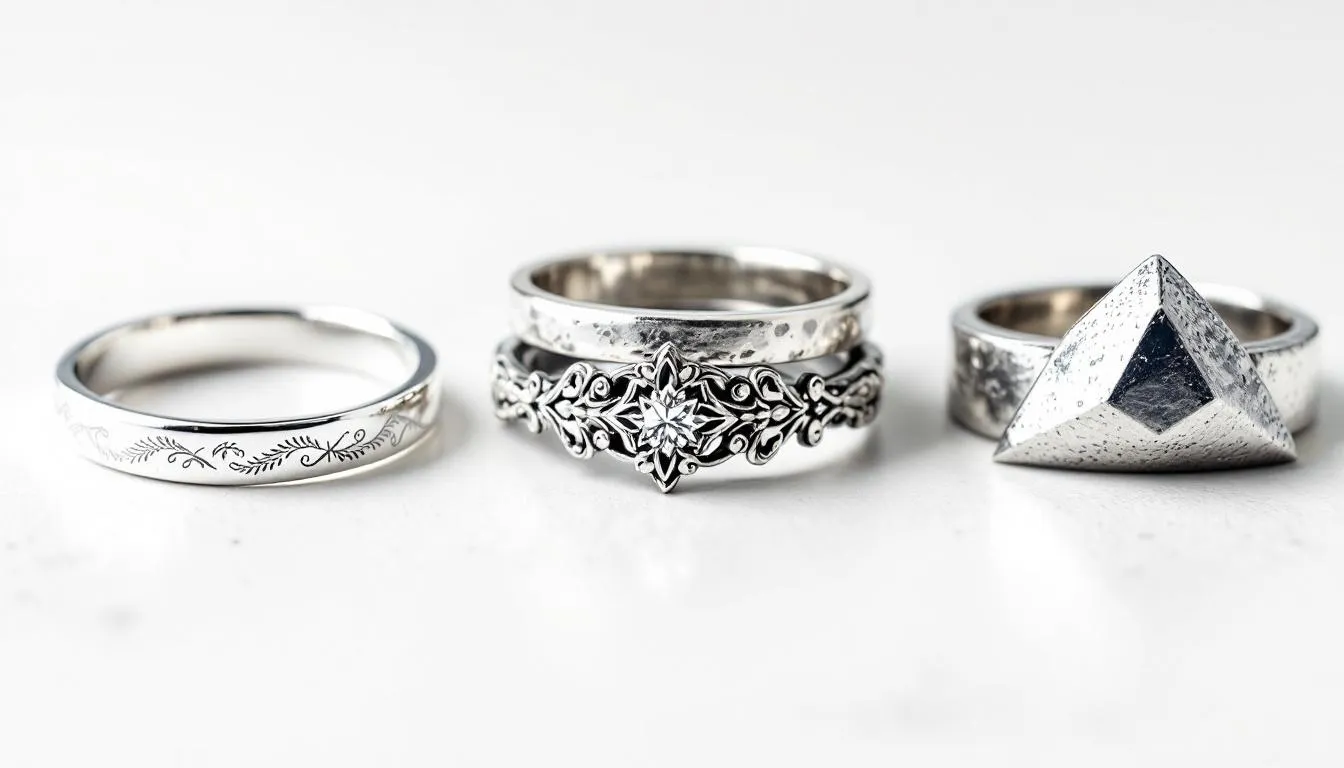 The image showcases a stunning collection of sterling silver rings, each displaying diverse styles and unique designs, including a striking ring set with rose quartz and a twisted silver band. The rings are beautifully crafted, highlighting their elegant shimmer as they rest on a soft surface, inviting viewers to explore their personal style and choose the perfect piece for their jewellery collection.