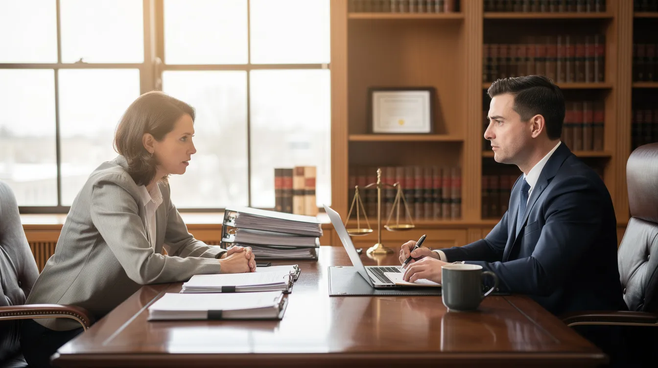 The image depicts a professional legal consultation in an office setting, where an experienced attorney is discussing a disability claim with a client. They are reviewing medical evidence and discussing the appeals process for social security disability benefits, emphasizing the importance of legal representation in navigating the complexities of the administrative law system.