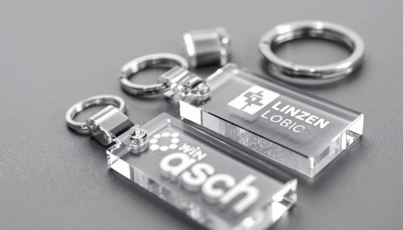 Na zdjęciu widoczne są nowoczesne, przezroczyste breloki akrylowe z wygrawerowanymi logotypami, które mogą pełnić funkcję eleganckiego gadżetu reklamowego. Breloki te wykonane są z wysokiej jakości materiałów, co sprawia, że są idealnym upominkiem dla klientów Twojej firmy.