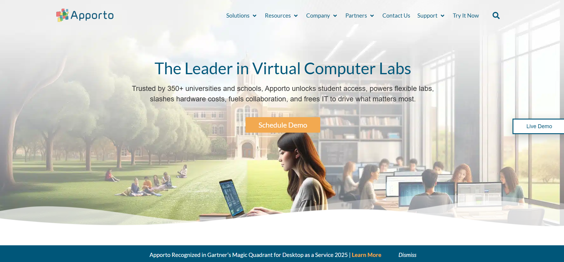Apporto homepage showcasing browser-based virtual computer labs for cloud software access, remote learning, and higher education