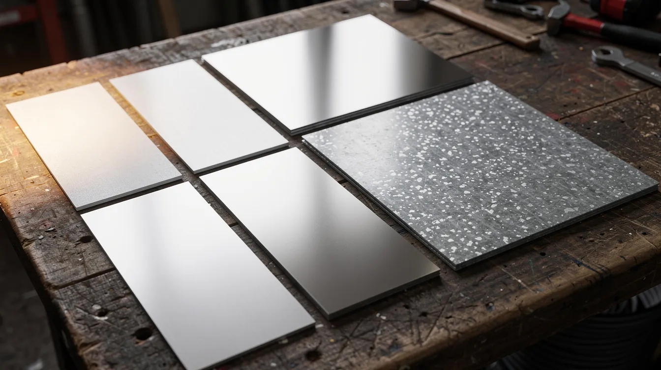 The image shows a variety of metal sheet samples, including aluminum, stainless steel, and galvanized steel, neatly arranged on a workshop table. These samples represent different types of sheet metal materials used in custom sheet metal fabrication and precision sheet metal parts for various industrial applications.