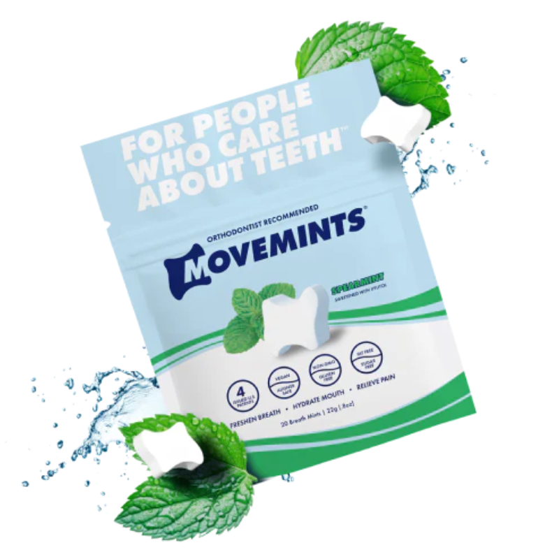 Image of spearmint flavored Movemints, clear aligner mints used to seat trays (orthodontist recommended).