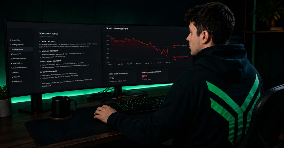 A trader wearing a Funding Traders branded hoodie reviews the platform's drawdown rules on a widescreen monitor in a dark, green-lit setup. The screen displays the Drawdown Rules documentation alongside a Drawdown Overview chart with clearly marked thresholds: 5% max daily drawdown and 10% max overall drawdown, reinforcing that traders are expected to understand and operate within defined risk limits.