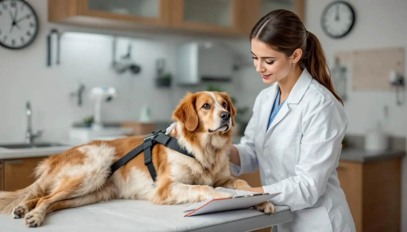 A veterinarian is examining a female dog during a routine reproductive health check, focusing on her reproductive cycle and any signs of being in heat. The setting reflects a caring environment, emphasizing the importance of monitoring female dogs
