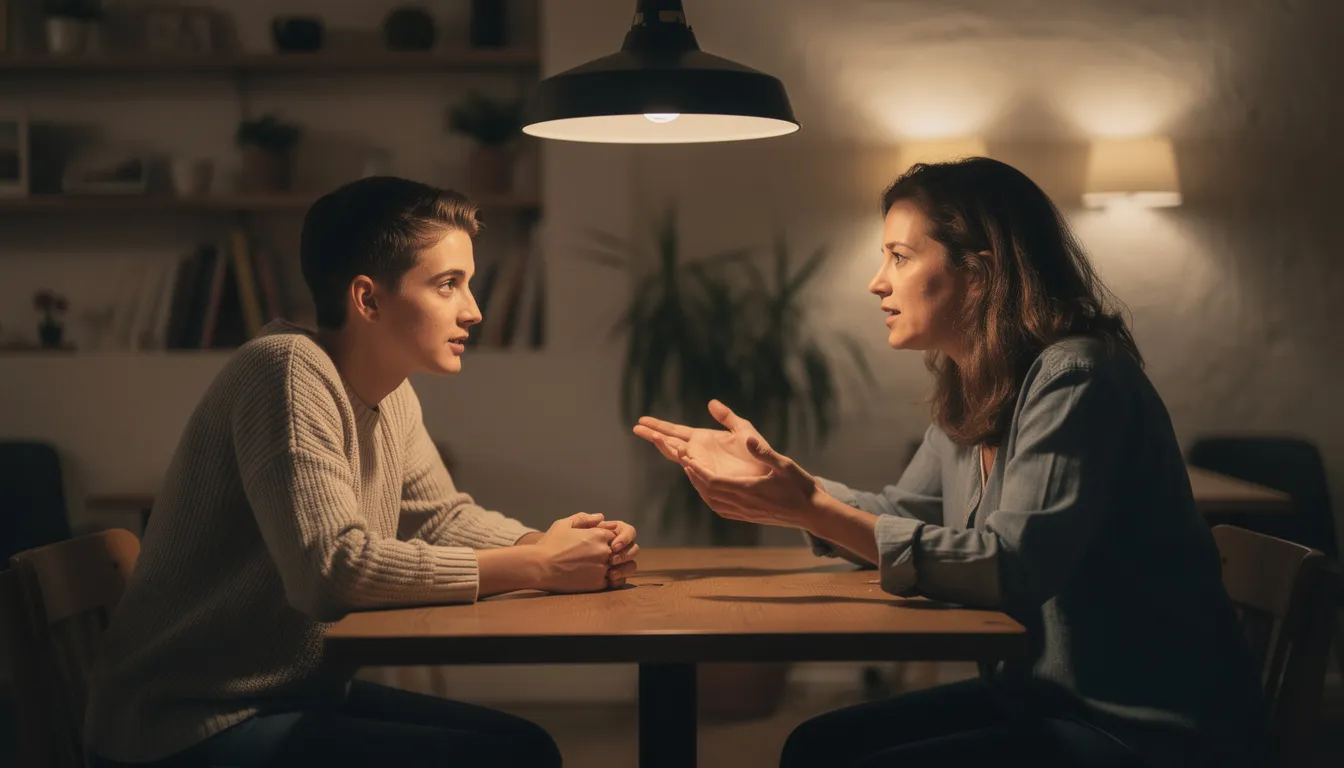Two human beings are engaged in a meaningful conversation at a table bathed in warm lighting, showcasing their emotional intimacy and mutual respect as they explore shared visions for their future and discuss aspects of their relationship. The scene reflects a strong foundation of understanding and communication, essential for a healthy relationship.