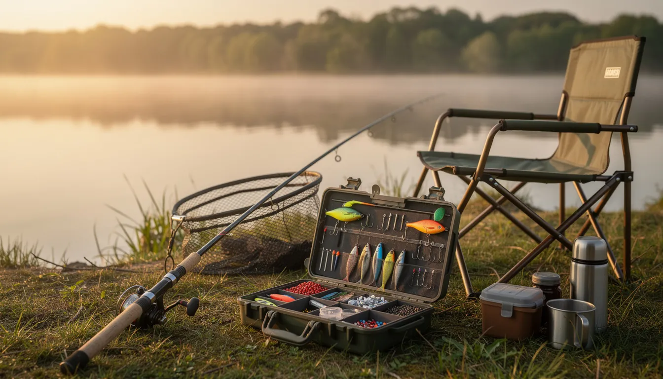 Na zdjęciu widoczny jest kompletny zestaw sprzętu wędkarskiego rozłożony nad wodą, w tym wędki, kołowrotki, przynęty oraz akcesoria do łowienia ryb. W tle można dostrzec spokojną powierzchnię wody, co tworzy idealne warunki do wędkarstwa.
