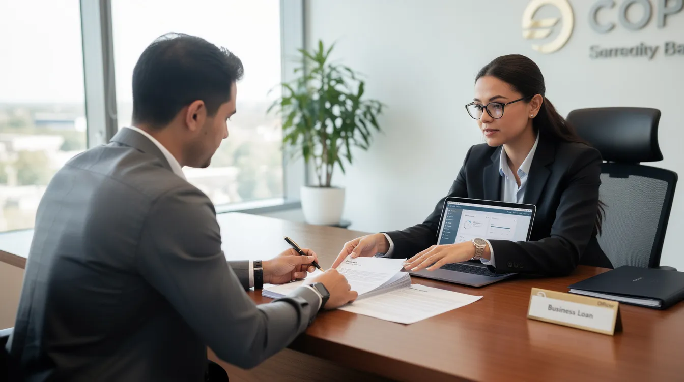 A small business owner is seated at a desk with a bank officer, discussing loan documents related to micro enterprises and mudra loans. The scene captures their engagement in a conversation about interest rates and loan amounts, highlighting the financial institution's role in supporting businesses in India.