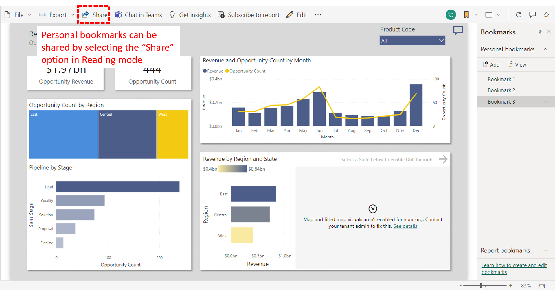 Use the "Share" option to share your personal bookmarks in power bi