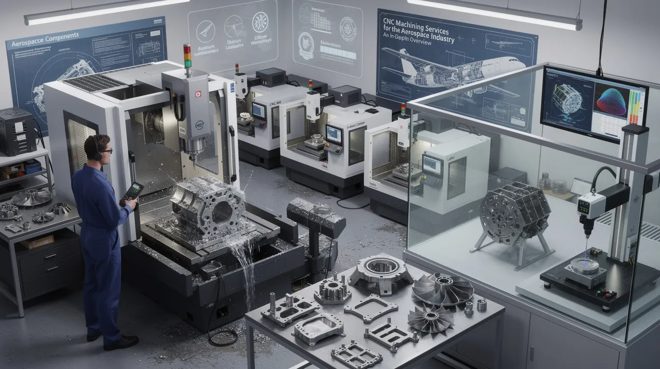 The image depicts a modern CNC machining facility specialized in the aerospace industry, showcasing advanced machines designed for precision machining of complex aerospace components. The scene highlights skilled machinists operating 5-axis CNC machines, focusing on the production of high-quality aircraft parts made from titanium and aluminum alloys, emphasizing the importance of tight tolerances and quality control in aerospace manufacturing.