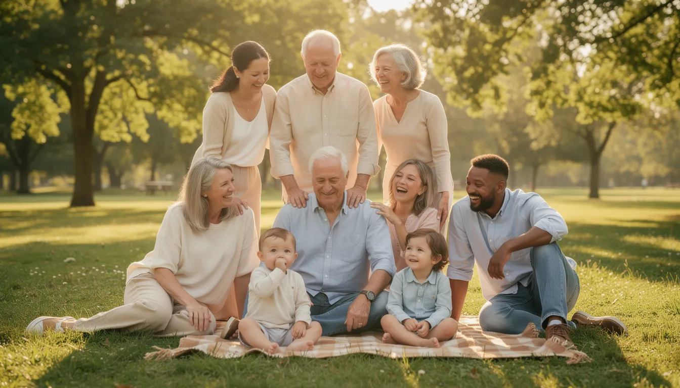 A multi-generational family is gathered together outdoors, enjoying a sunny day with children playing and adults engaged in conversation. This scene reflects the importance of family bonds and the joy of spending time together, which can be a part of retirement planning discussions, such as contributions to a Roth IRA and understanding tax benefits.