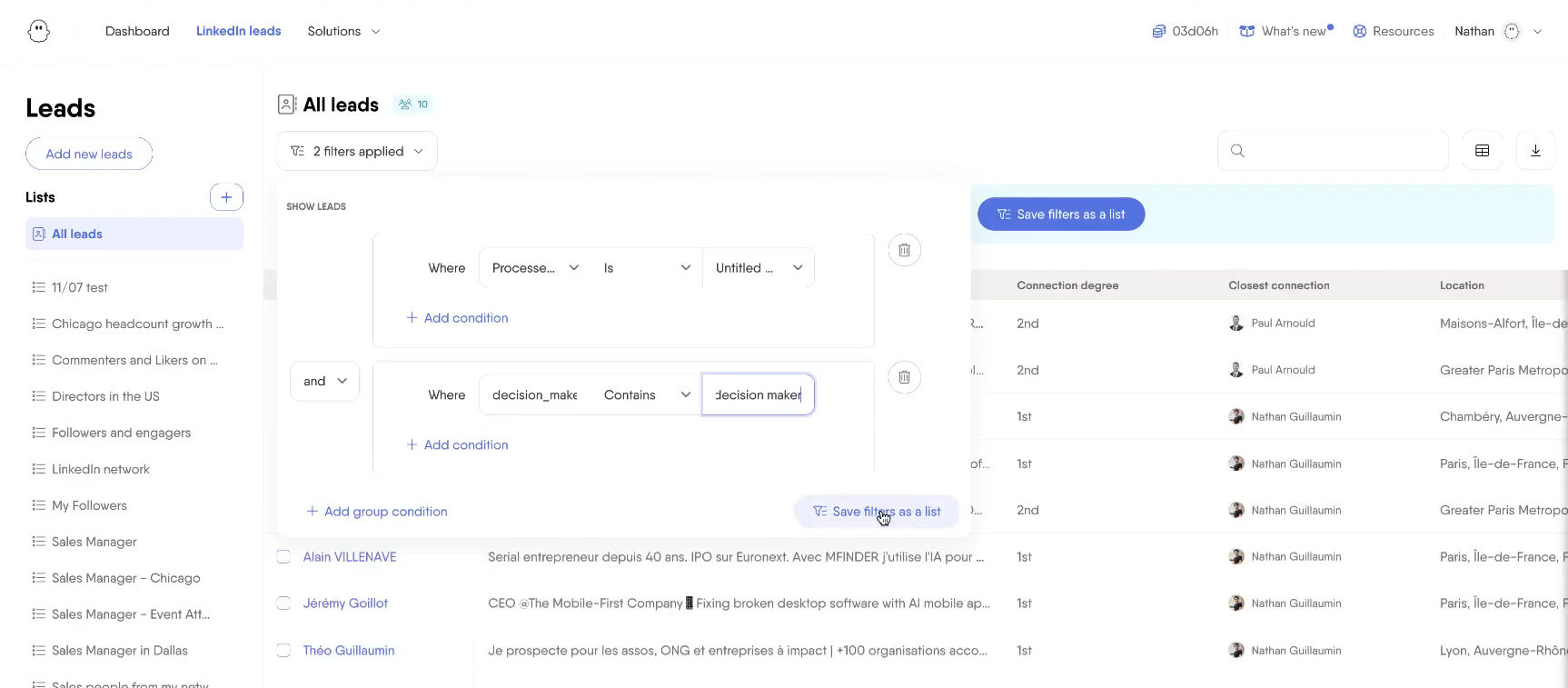 PhantomBuster Leads workspace showing filtered decision-makers