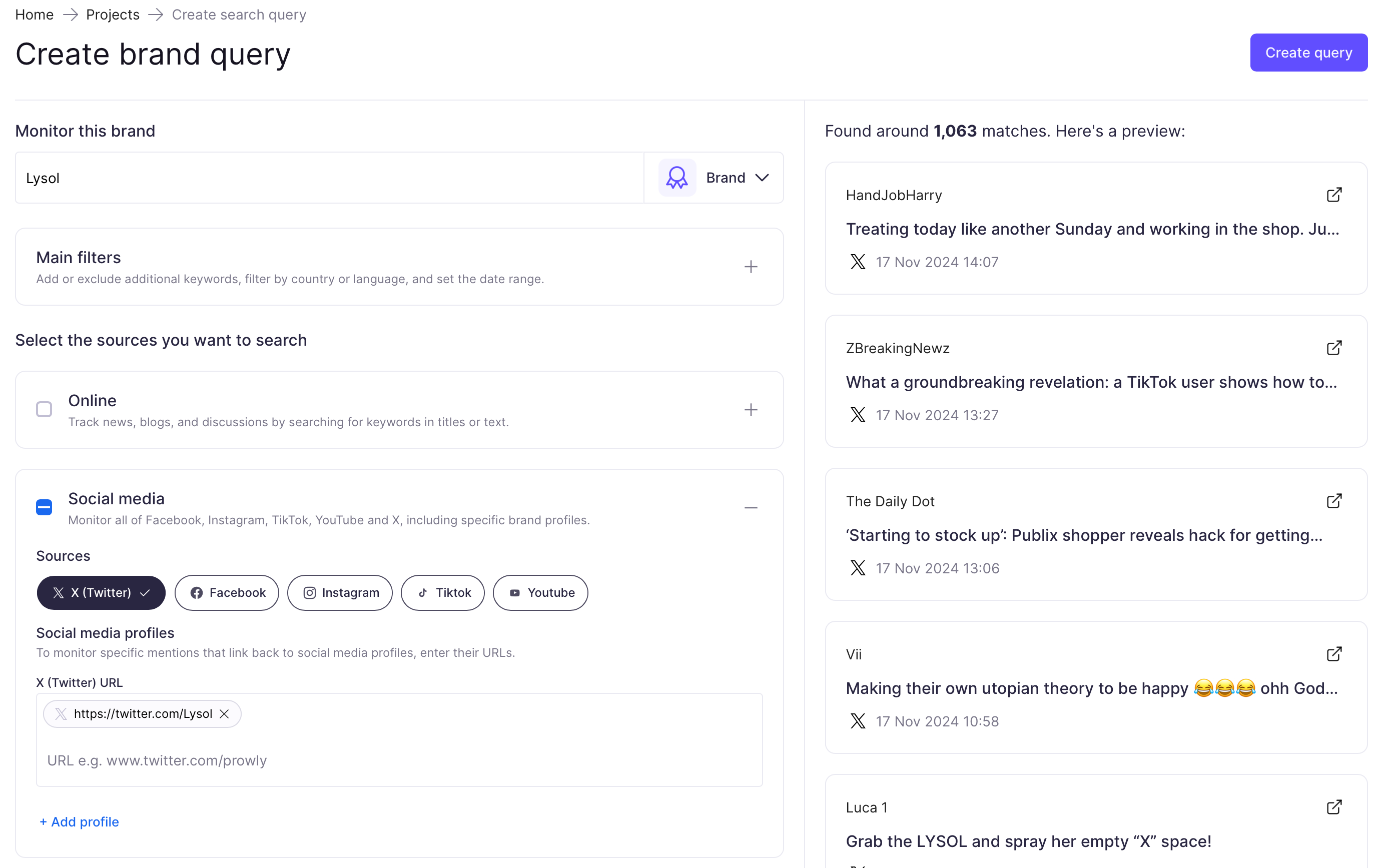 Screenshot of Prowly's interface showing options on how to create a query in the Monitoring section.