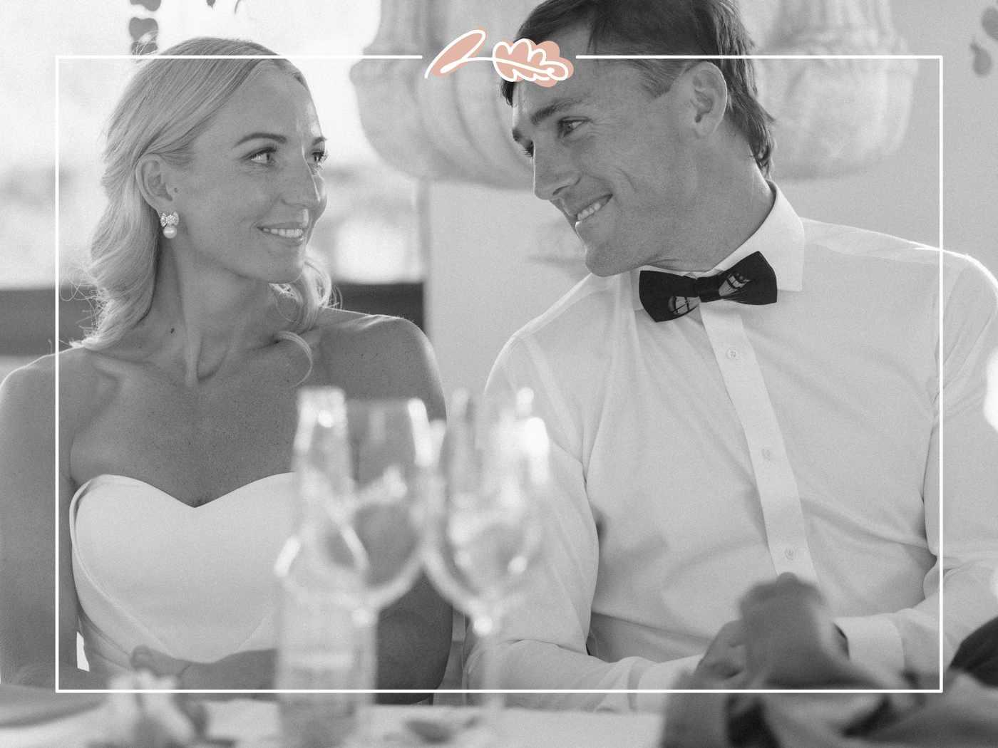 Black and white portrait of Tess and Greg sharing a quiet moment at the sweetheart table at their Nantes Estate wedding
