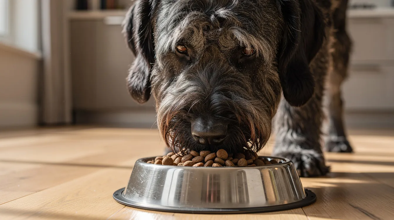A Bouvier des Flandres dog is happily eating high-quality kibble from a dog bowl, showcasing its rugged appearance and characteristic dirty beard. This large, strong-willed breed is known for its herding abilities and affectionate nature, making it a beloved companion for families and working environments alike.