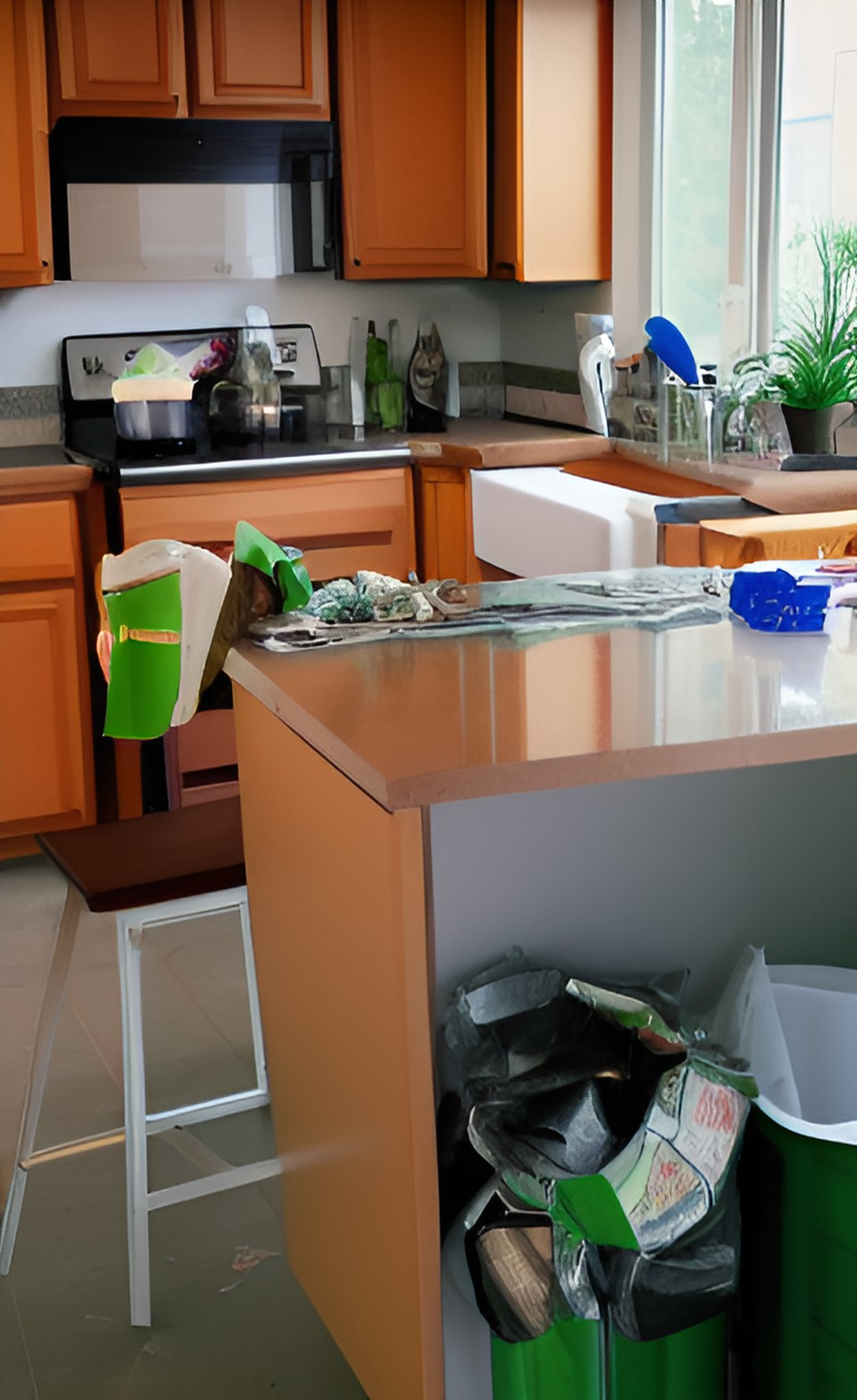 Kitchen with overflowing trash.