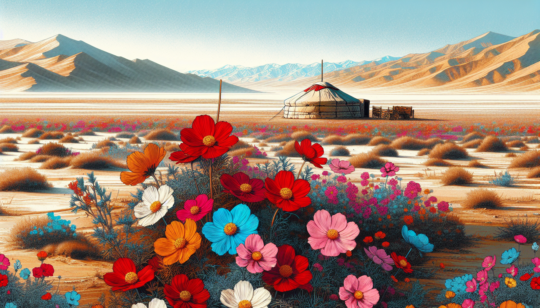 Mongolia in summer: blooming flowers and Gobi Desert