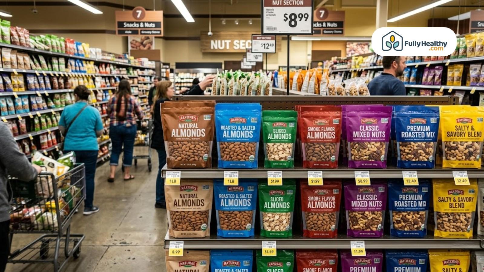 Grocery store aisle displaying packaged nuts and shoppers browsing shelves