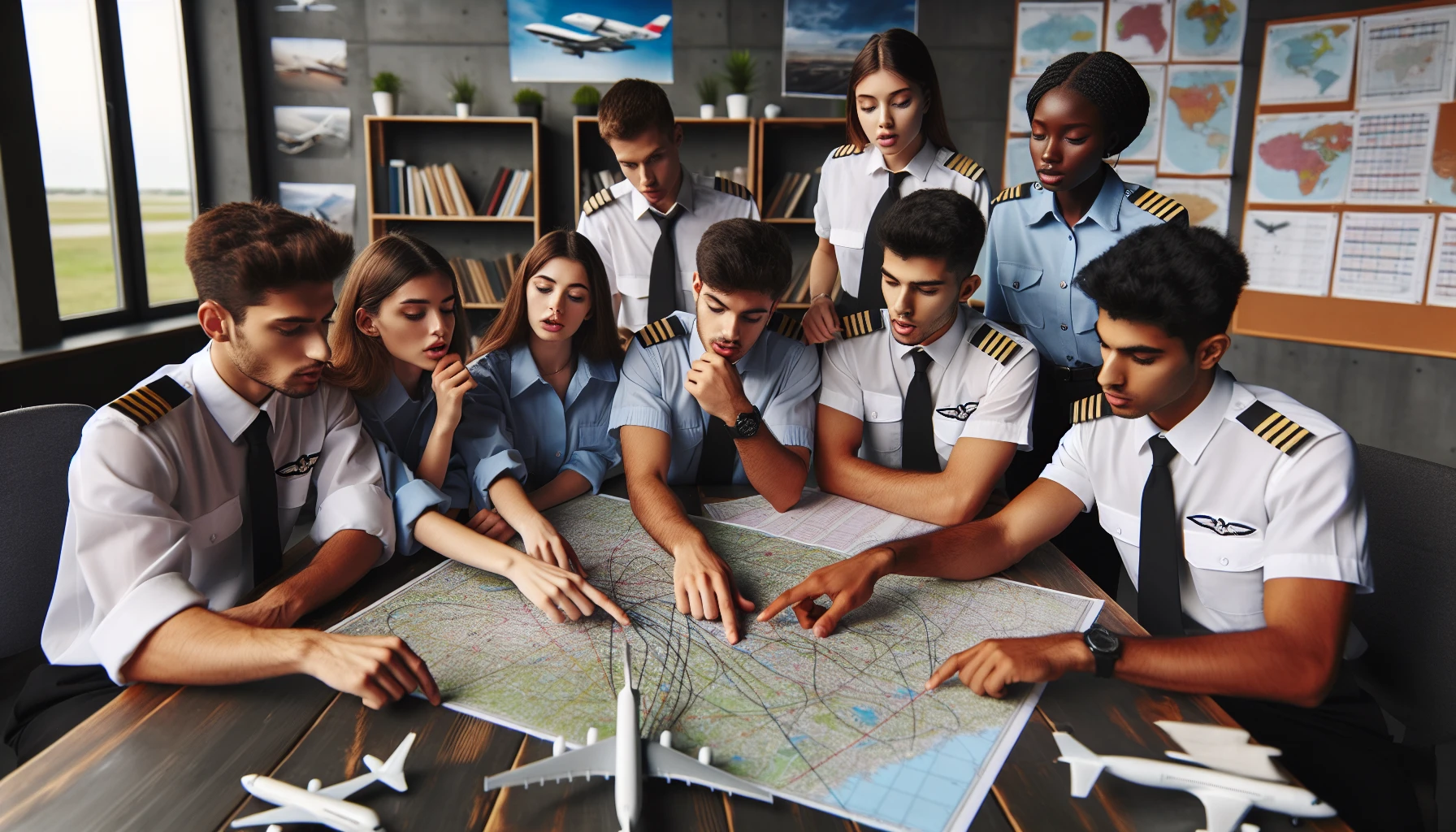 Illustration of diverse group of student pilots studying together