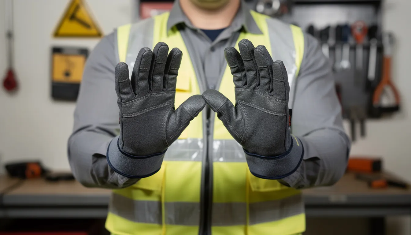 A worker is testing the fit of insulated work gloves with bent fingers, ensuring proper sizing for optimal dexterity and protection in cold weather. The gloves are designed for durability and warmth, making them ideal for jobs in freezing temperatures.