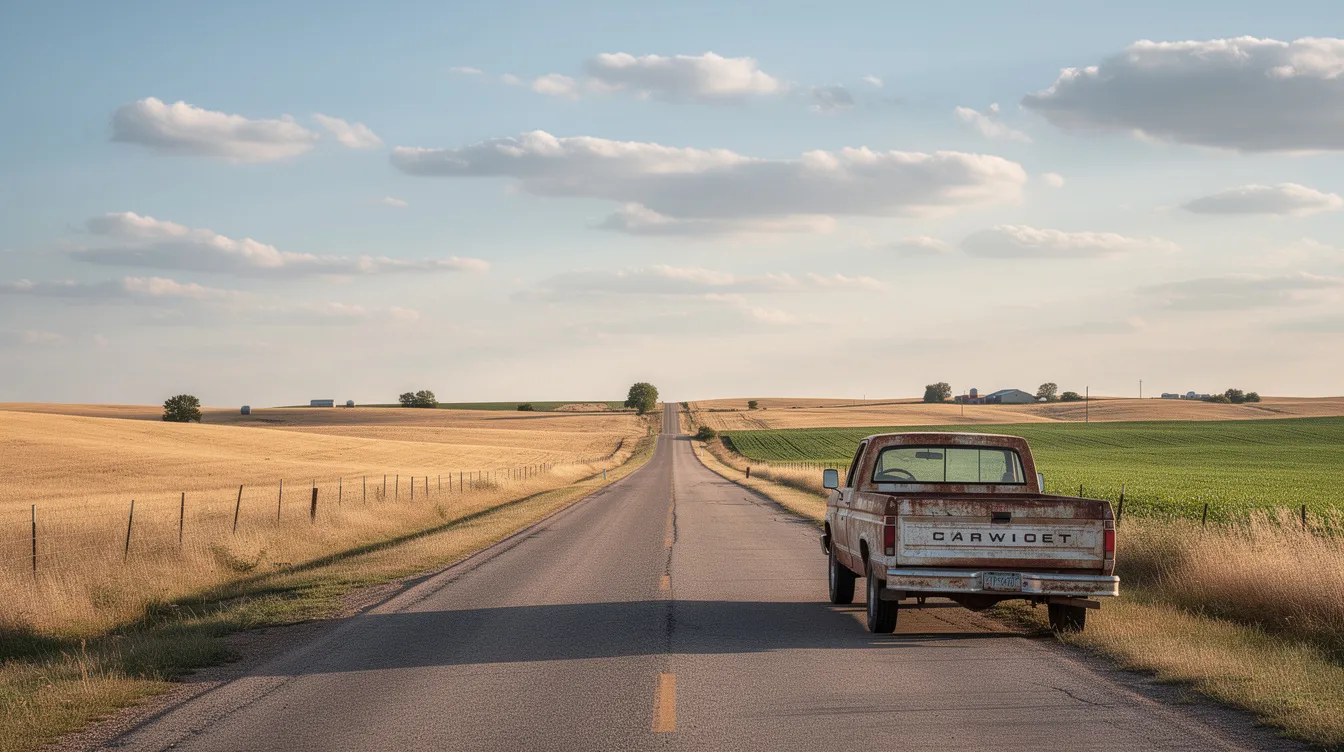 The image depicts a rural North Dakota road with a pickup truck parked alongside expansive open fields, reflecting the serene landscape typical of the area. This scene embodies the essence of North Dakota's vastness, where residents may navigate the state's gun laws while enjoying the freedom to carry firearms in accordance with constitutional rights.