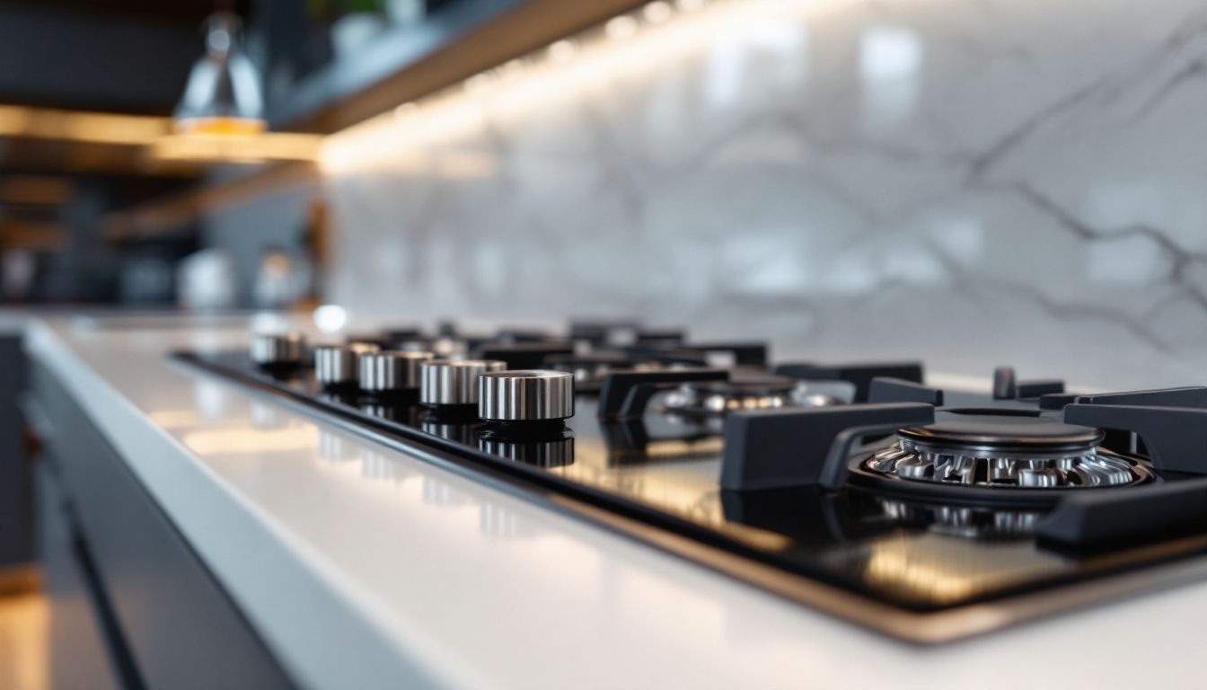 A close-up of a gas cooktop highlighting its burners.