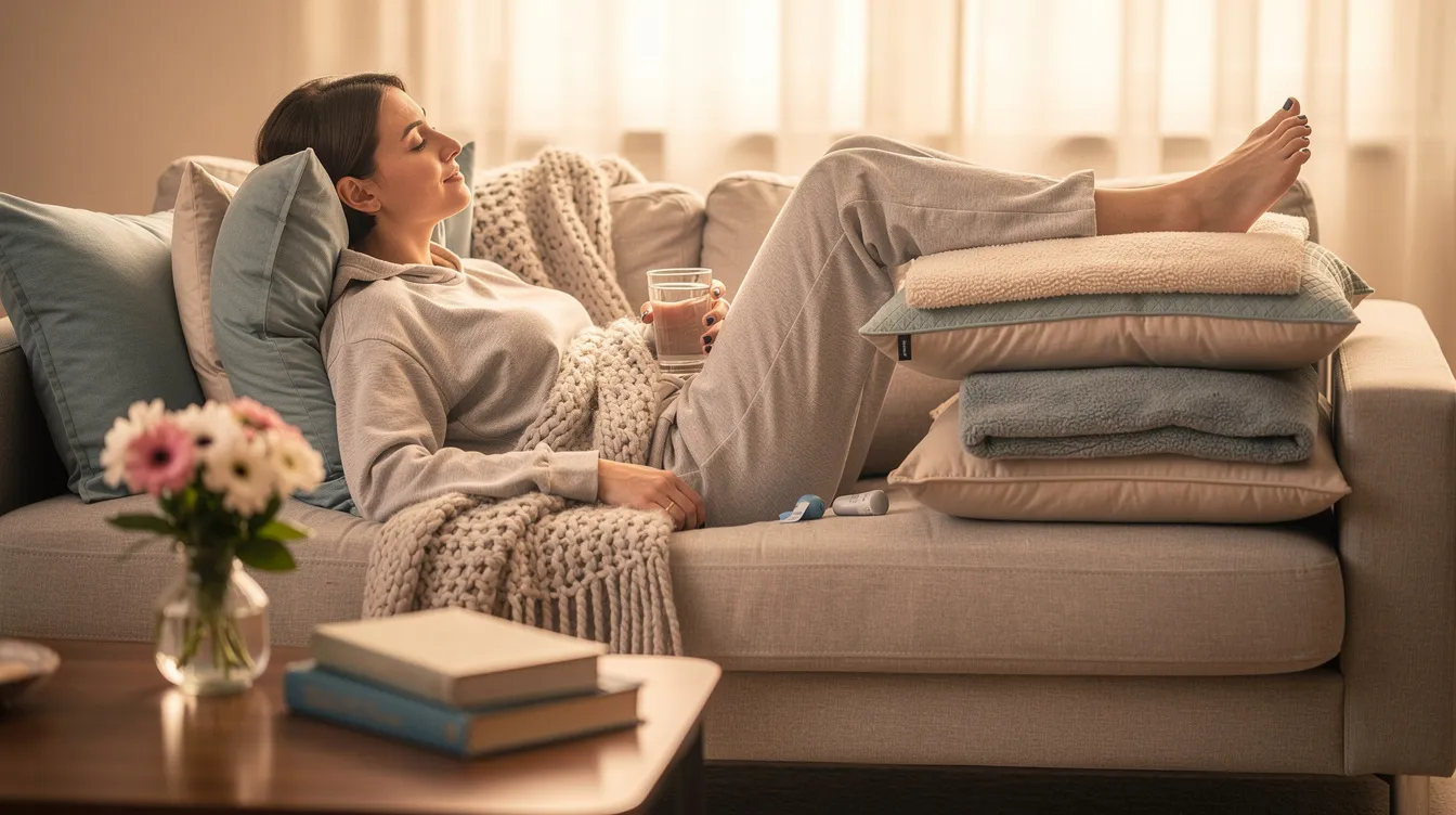 A person is resting comfortably on a couch with elevated pillows, appearing relaxed during their laser resurfacing recovery. The scene conveys a sense of well-being as they support their healing process at home, likely following aftercare instructions to ensure optimal results for their treated skin.
