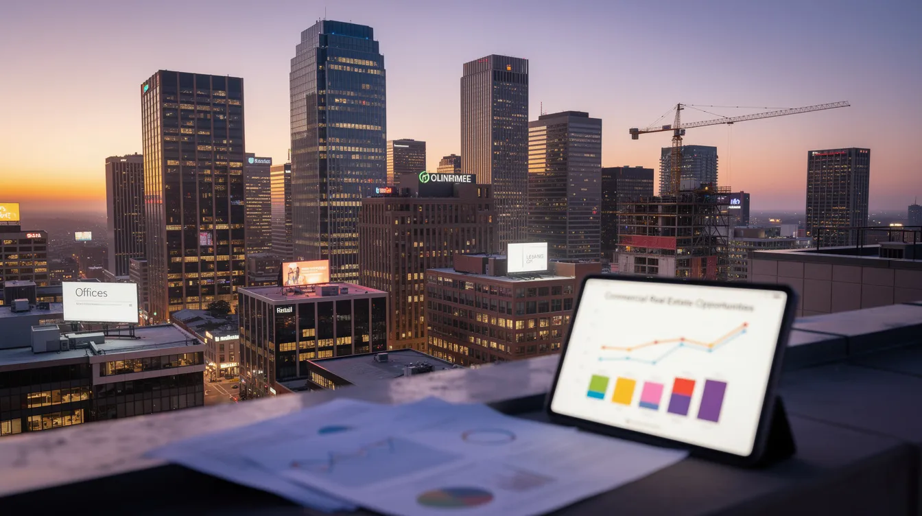 The image depicts a vibrant city skyline at dusk, highlighting various commercial real estate investment opportunities that wealthy families may consider for their investment portfolio management. This scene symbolizes the potential for family offices to engage in strategic wealth management and asset management, ensuring the family's legacy and financial responsibility for future generations.