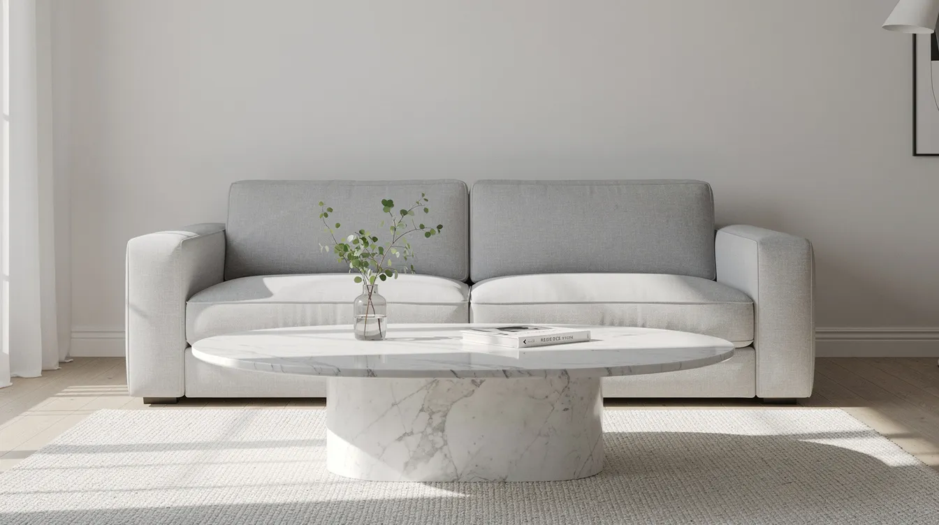 Ett ovalt soffbord i vit Carrara-marmor står framför en ljusgrå modulsoffa i ett ljust vardagsrum. Bordet ger en elegant känsla och kompletterar inredningen med sin tidlösa design och stil.